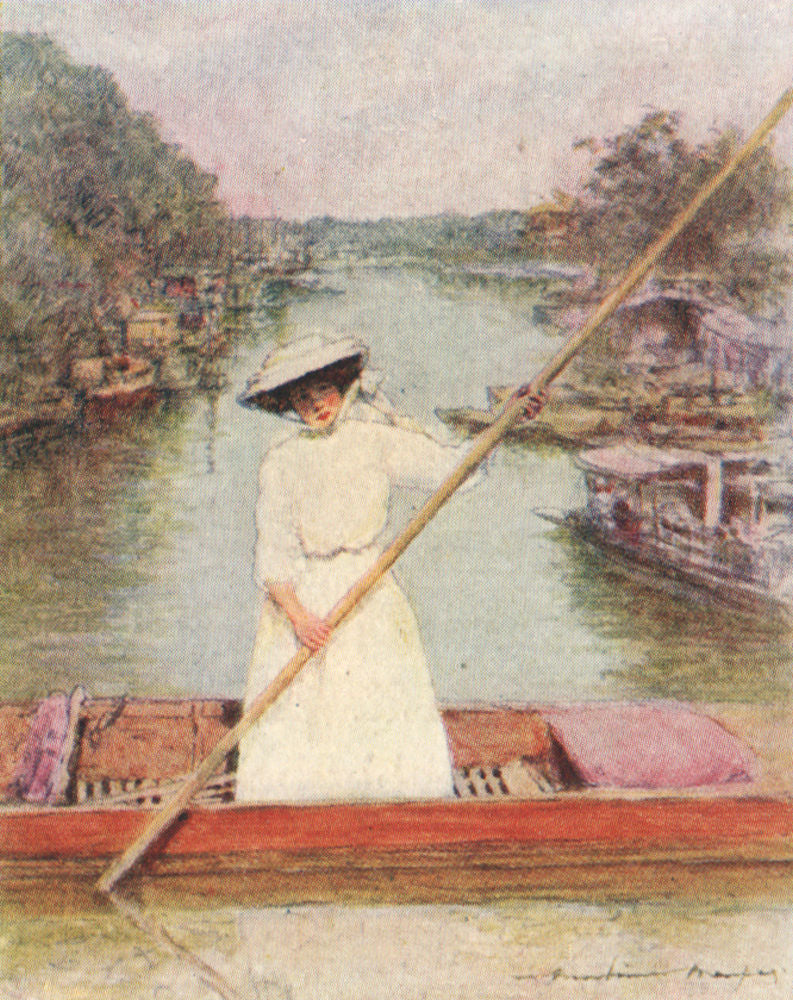 'Barges at Oxford' by Mortimer Menpes. Oxford. SMALL 1906 old antique print